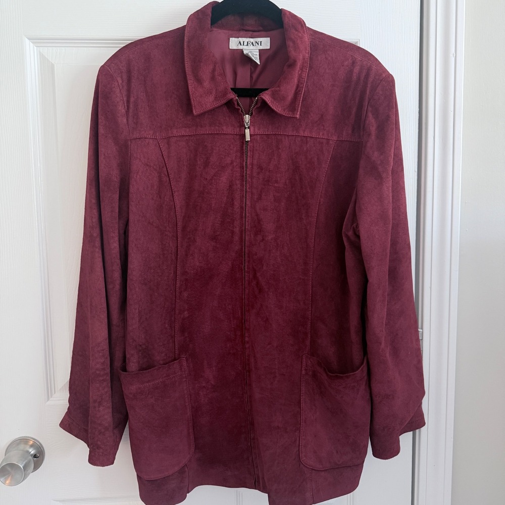 Alfani Suede Leather Jacket Womens XL Burgundy Wine Zip Front Pockets Coat
